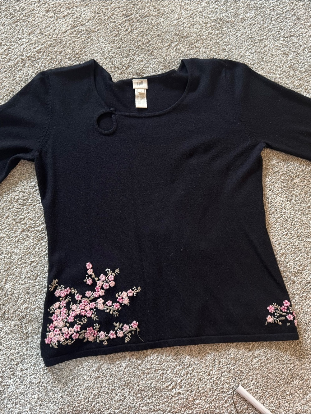 J. Jill Black Sweater with Pink Floral Embroidery Accents